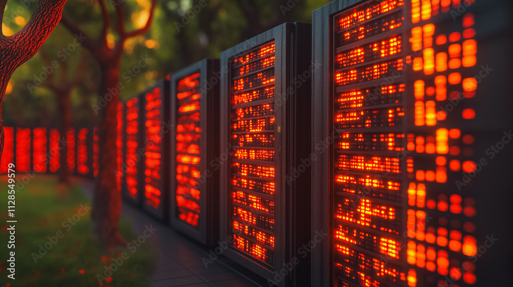 Poster a row of computer servers with red lights on them. the servers are lined up in a row and are glowing