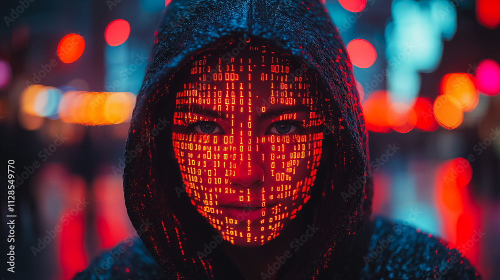 Wall mural a woman with a hoodie on and a face made of binary code. the image has a futuristic and somewhat eer