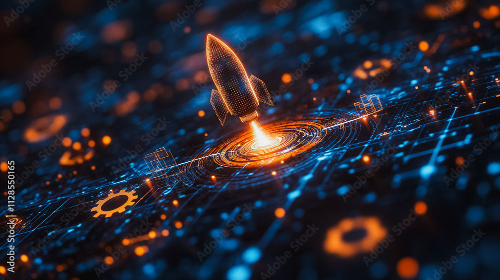 Poster a computer generated image of a rocket launching into space