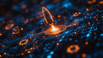 A computer generated image of a rocket launching into space