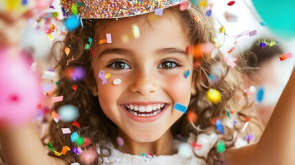 happy girl 7 years celebrating, birthday party Child wearing a golden party hat, happily laughing in a shower of golden confetti against a vibrant teal backdrop