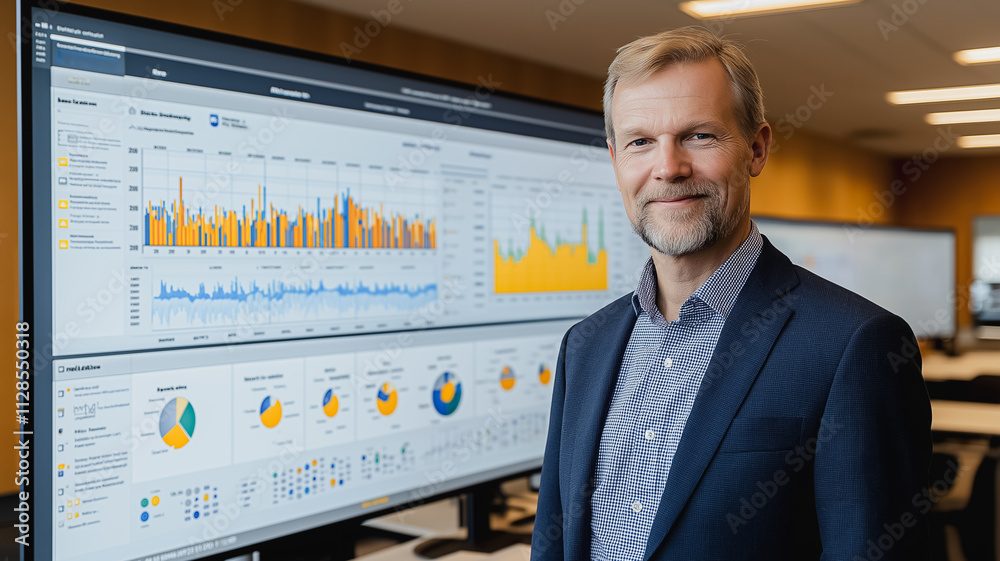 Poster a man stands in front of a computer monitor displaying a graph. he is wearing a suit and he is smili