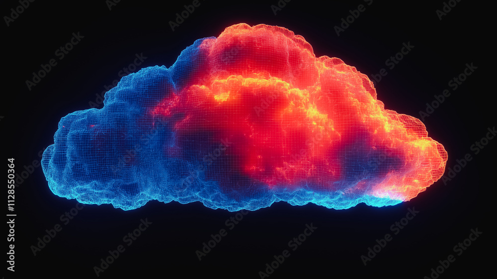 Poster a computer generated image of a cloud with blue and red colors. the image has a futuristic and techn