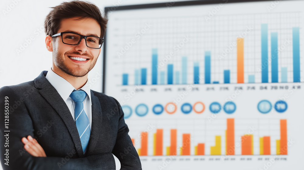 Poster a man in a suit and tie stands in front of a large graph. he is smiling and he is confident. the gra