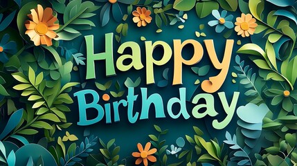 A charming kirigami card featuring "Happy Birthday" written in bold letters, each surrounded by delicately crafted paper vines, leaves, and small flowers, vibrant green tones with soft shadows,