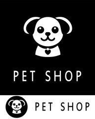 Adorable pet shop logo design featuring a smiling dog icon with a food bowl below, simple black and white theme