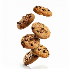 "Flying Chocolate Chip Cookies on White Background"