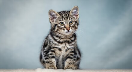 Fototapeta premium Adorable tabby kitten sitting against a soft blue background for pet lovers and animal enthusiasts