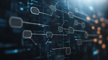 A computer screen shows a complex network of lines and shapes. Concept of complexity and interconnectedness, as if the viewer is looking at the inner workings of a computer system
