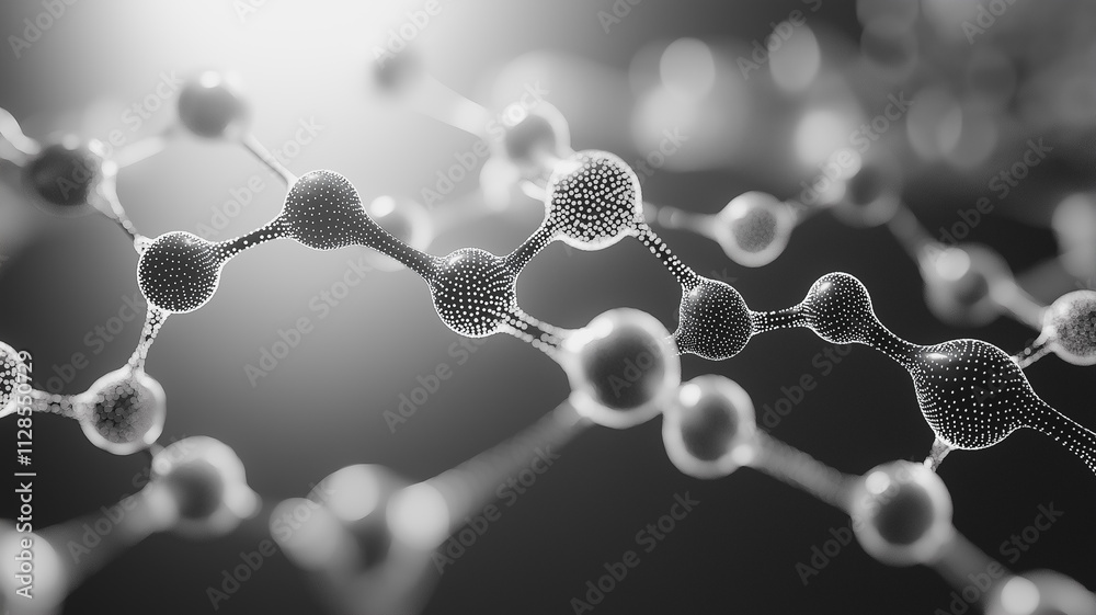Poster a close up of a series of small spheres, some of which are connected to each other. concept of compl