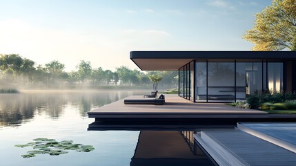 Fototapeta premium Modern cabin on the water, floating dock with sun deck and seating area, wood slat wall facade