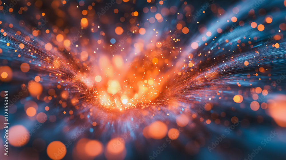 Poster a colorful explosion of light with many small dots. the light is a mix of orange and blue, creating 