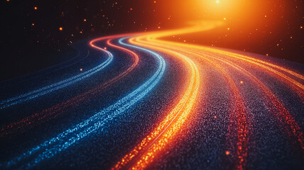 A long, curving road with bright orange and blue streaks. The streaks are like a rainbow, and the road is illuminated by a bright orange sun. The scene is dynamic and energetic