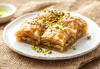 baklava with pistachios on top placed in the center of white plate on burlap background