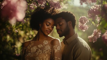 Couple embracing under blooming lilac tree.