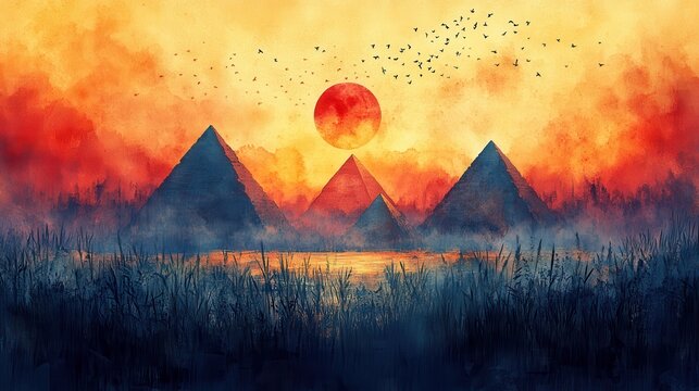 the plagues of egypt watercolor illustration of egypt pyramids and the locusts flying over the nile