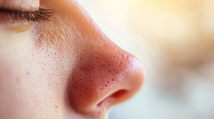Close up of red irritated nose, emphasizing the discomfort and struggle of allergies or cold symptoms, highlighting the human vulnerability and resilience in the face of common ailments.