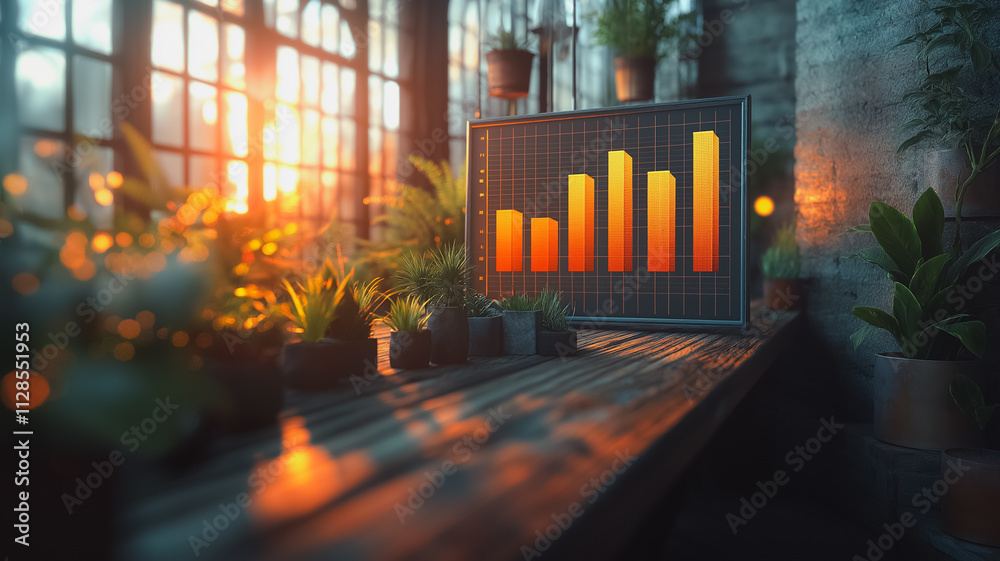 Poster a computer monitor displays a graph of numbers, with a sun shining through a window behind it. the s
