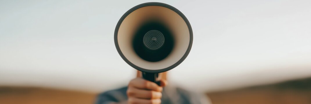 A person holding a loudspeaker directs attention, symbolizing the need for expression, communication, and empowerment in a vibrant and compelling manner.