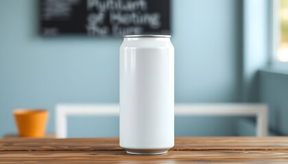 plain white canned drink mock up standing on wooden table