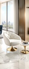 Modern White Leather Swivel Chair in Luxurious Apartment with City View.