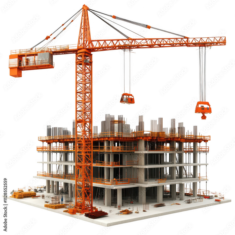 Fototapete realistic construction site with cranes and buildings under construction, isolated on transparent ba