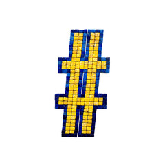 Obraz premium A mosaic number sign # made up of small square tiles in yellow and blue colors.
