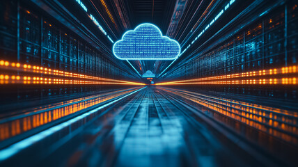 A computer server room with a large blue cloud on the wall. The room is lit with bright lights and the cloud is glowing. Scene is futuristic and technological