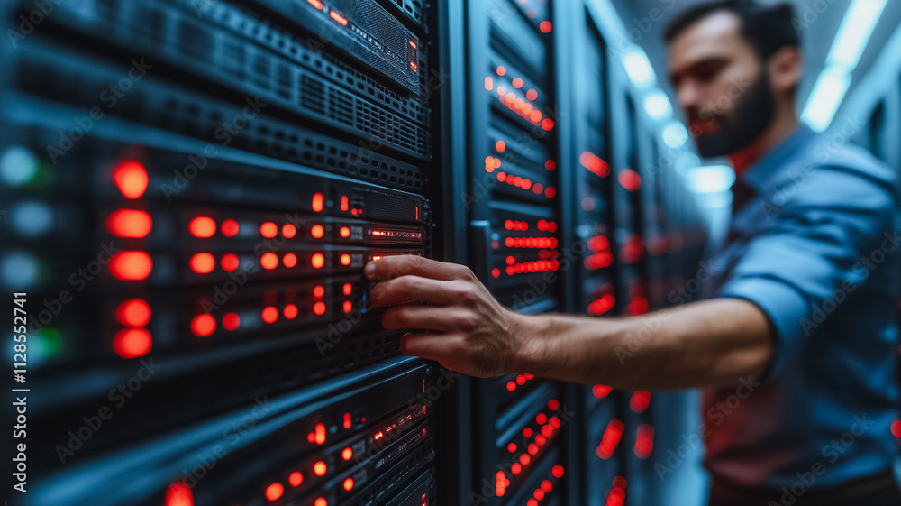 Poster a man is standing in front of a row of computer servers with his hand on a red button