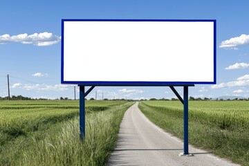 A blank billboard on a rural road surrounded by green fields and blue skies.