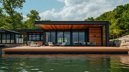 Fototapeta premium Modern cabin on the water, floating dock with sun deck and seating area, wood slat wall facade