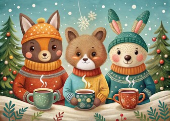 Fototapeta premium Adorable Winter Scene of Animals in Sweaters Enjoying Coffee Together, Perfect for Holiday Decor and Children's Rooms with a Cozy Vintage Touch