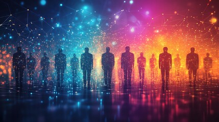 Obraz premium Abstract people network stylized as human shapes connected in honeycomb grid structure, with bright colors and gradients adding modern touch.