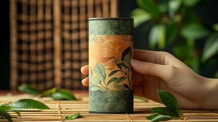 A sleek eco-friendly green tea packaging design with bold typography and minimalist graphics of green leaves, crafted in earthy brown and green tones,