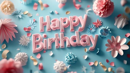 A creative kirigami depiction of "Happy Birthday" with balloon-shaped letters floating upward, soft pastel colors and dynamic shadows, glowing accents adding depth,
