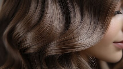 Fototapeta premium Extreme close-up of silky, shiny brown hair in soft waves reflects healthy, luxurious hair care and attention to texture and beauty.