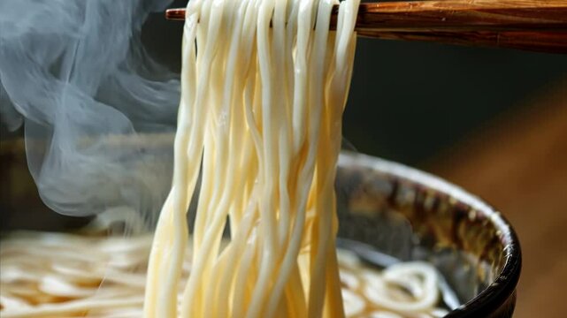 Long noodle is being held by a chopstick. The noodle is white and he is cooked