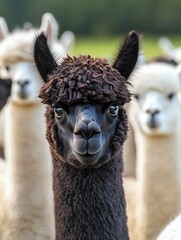 Obraz premium A close-up of an adorable black alpaca in a herd, showcasing its fluffy fur and expressive eyes against a serene backdrop.
