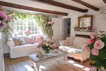 A light-filled living space with wooden beams, a whitewashed brick wall, and delicate floral details