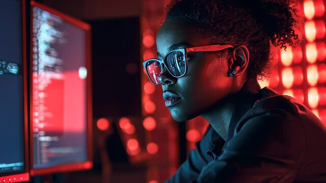Woman wearing glasses is looking at a computer screen with a red background. She is focused on her work