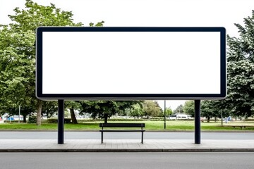 Fototapeta premium Empty billboard in a park area with a bench for waiting visitors.