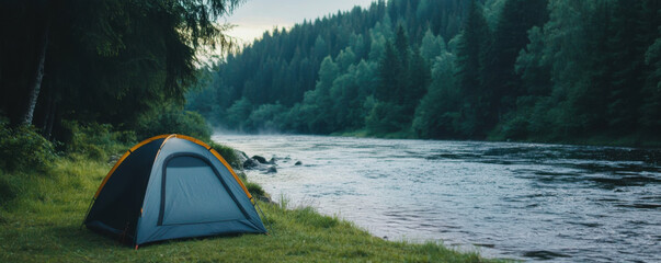 serene camping scene featuring tent by tranquil river surrounded by lush green trees. peaceful atmosphere invites relaxation and adventure