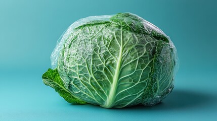Obraz premium there are not many vegetables from the supermarket in plastic packaging chinese cabbage with a blue backdrop wrapped in cellophane and non biodegradable plastic product packagin