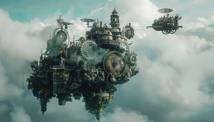 A steampunk city floats among clouds with an airship nearby