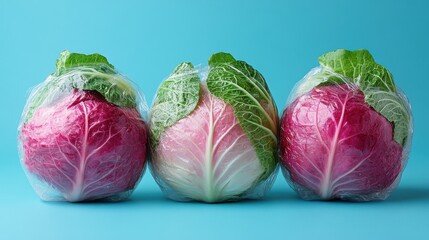Obraz premium there are not many vegetables from the supermarket in plastic packaging chinese cabbage with a blue backdrop wrapped in cellophane and non biodegradable plastic product packagin