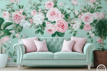A pastel floral wallpaper with soft roses and subtle vintage distressing