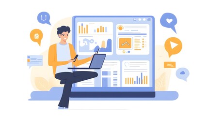 A businessman is using his laptop to set up marketing infographics and graphs on social media, while holding a phone in one hand,


