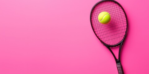 Sports Tennis concept. Tennis racket and ball on a vibrant pink background.