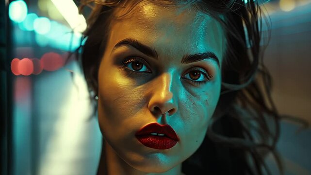Woman with red lipstick and long hair is standing in front of a wall. Moody and mysterious feel to it, as the woman's face is the only thing visible, and the wall behind her is dark