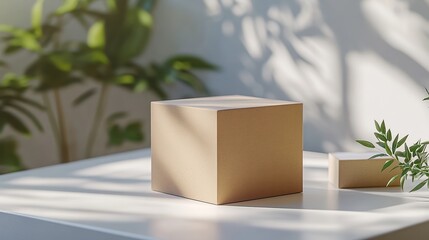  Plain kraft box set on a white table surrounded by natural greenery, symbolizing simplicity, eco-conscious living, and organic aesthetics.